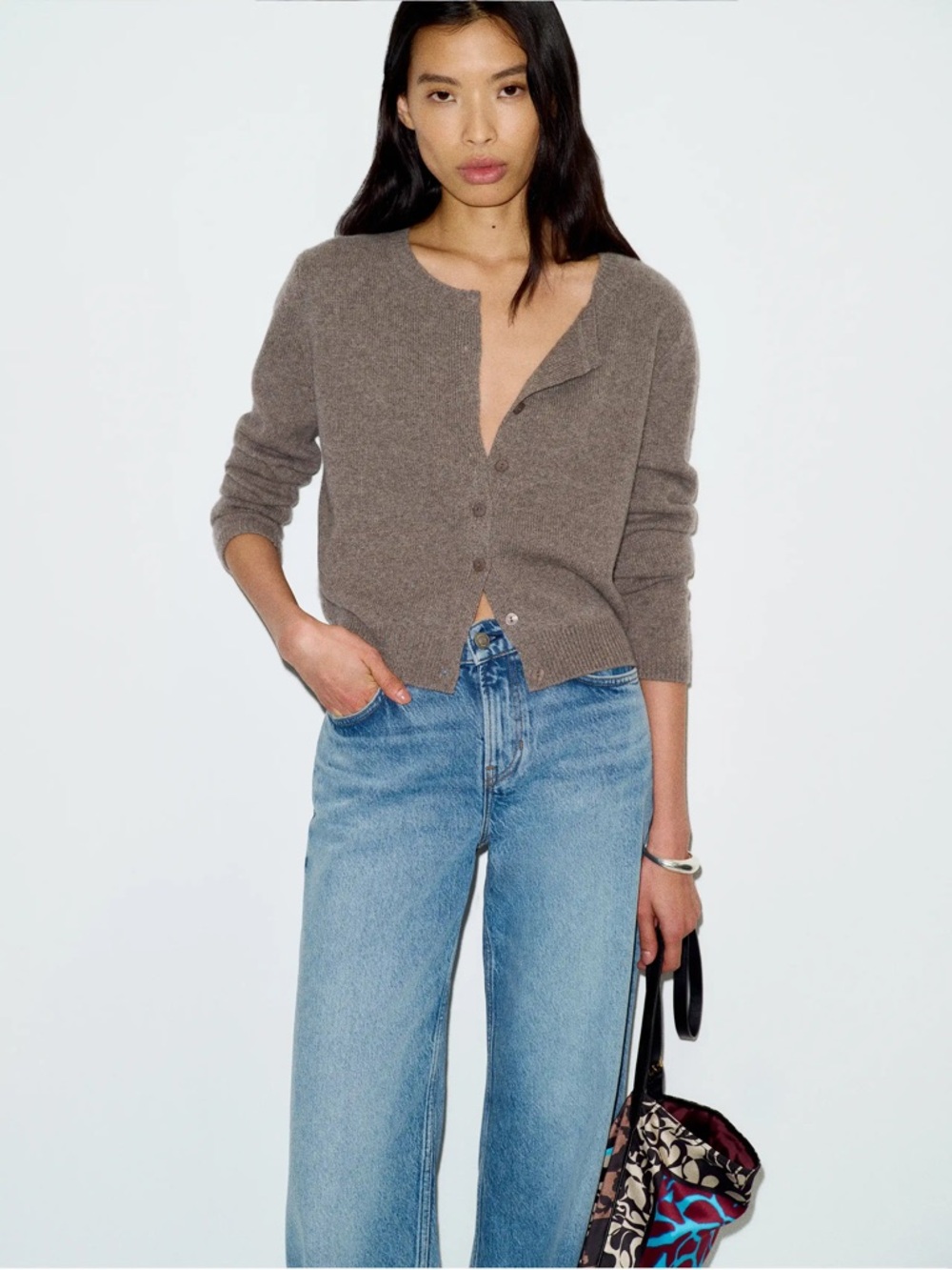 Reformation Clara Cashmere Crew Cardigan in Cocoa